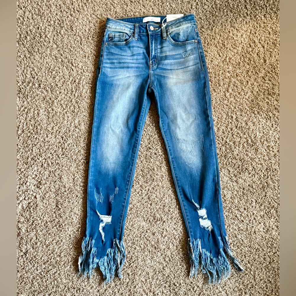 KanCan Ratana High Rise Ankle Dark Wash Skinny Jeans with Frayed-Fringe Bottom